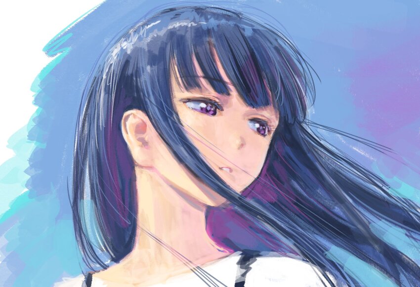 1girl, blue_background, floating_hair, gujou_kanade, highres, kamiina_botan_yoeru_sugata_wa_yuri_no_hana, long_hair, nazo_no_anime-dan