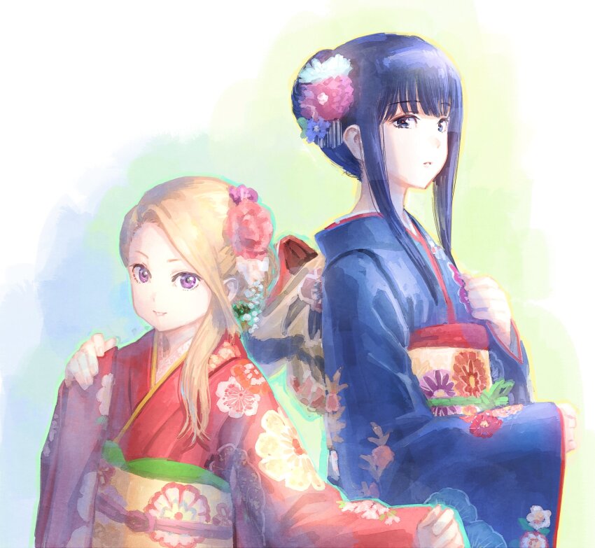 2girls, absurdres, back_bow, blonde_hair, blue_eyes, blue_hair, blue_kimono, bow