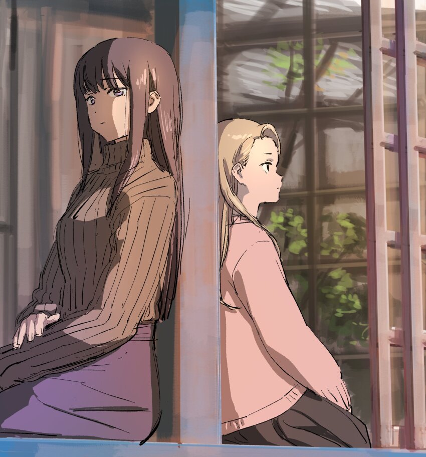 2girls, black_skirt, blonde_hair, brown_sweater, dusk, gujou_kanade, highres, kamiina_botan_yoeru_sugata_wa_yuri_no_hana