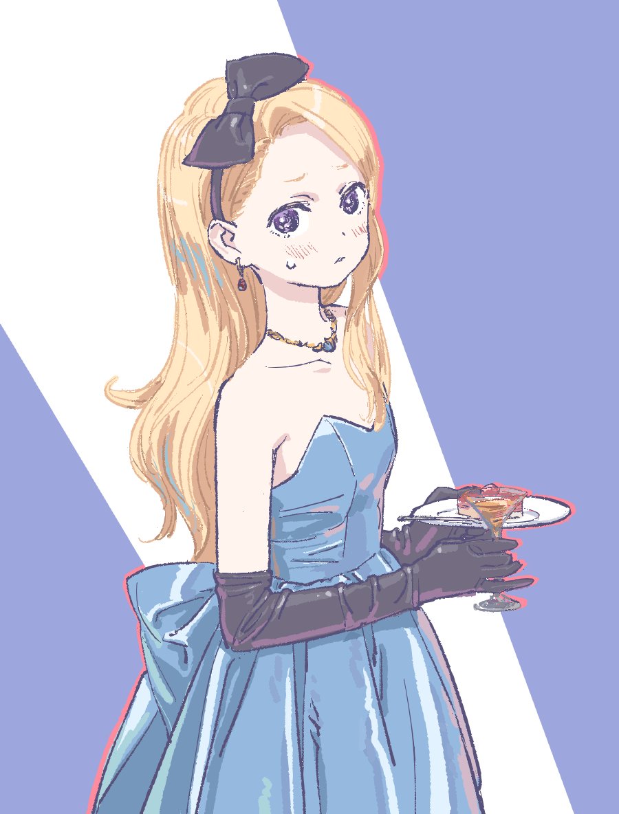 1girl, bare_shoulders, black_bow, black_gloves, blonde_hair, blue_dress, blush, bow