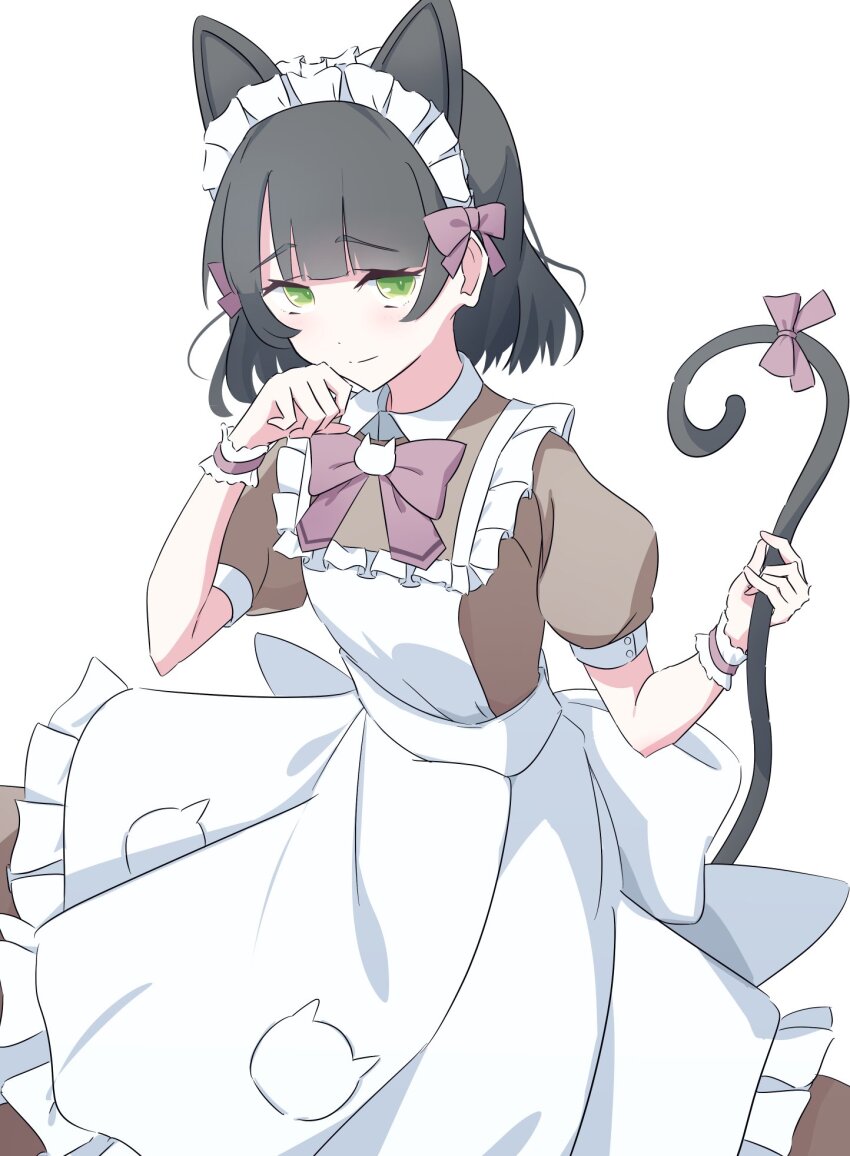 1girl, animal_ears, apron, black_hair, bow, bowtie, brown_dress, cat_brooch