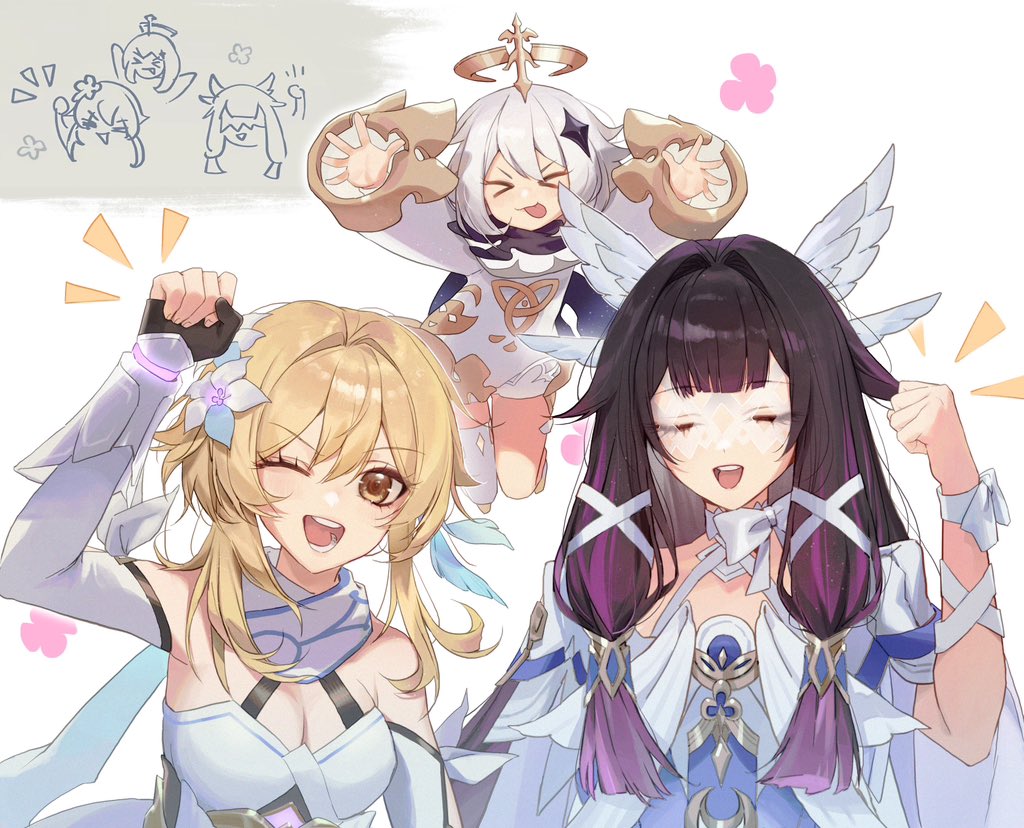 :p, arm_up, bare_shoulders, black_hair, blonde_hair, breasts, cheering, cleavage