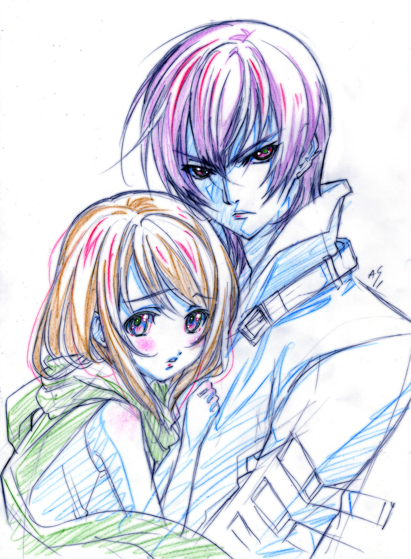 10s, 2boys, belt, blush, brown_hair, color_trace, colored_pencil_(medium), hand_on_another's_chest