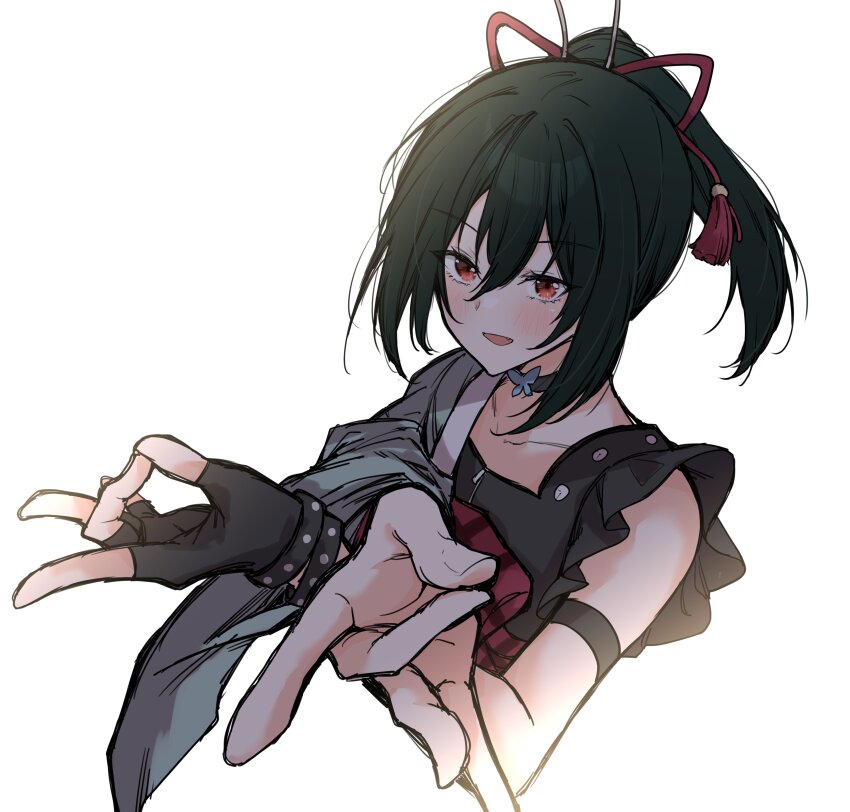 1girl, :d, absurdres, black_hair, black_shirt, bow, collarbone, fang