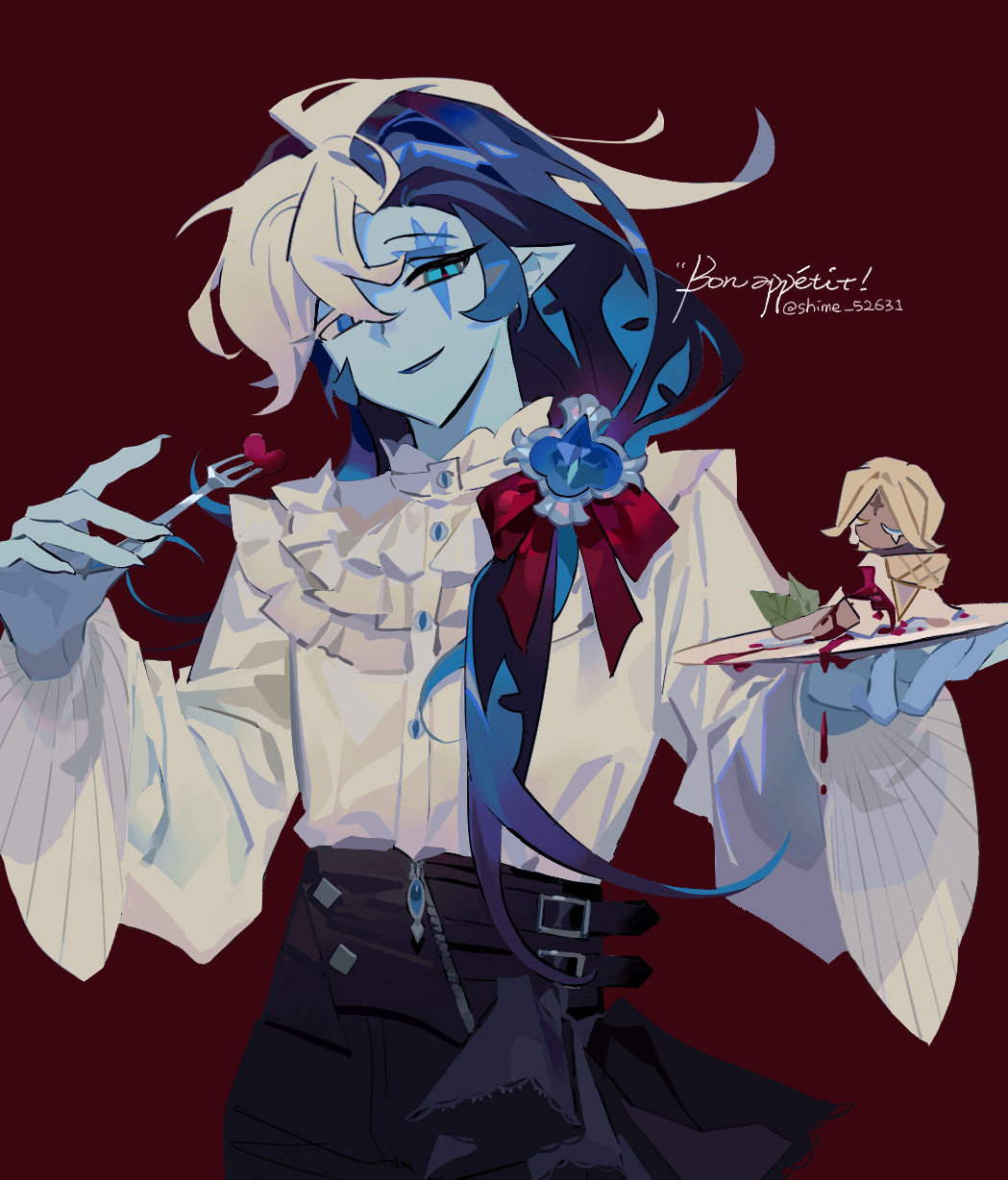 2boys, :d, androgynous, aqua_eyes, belt, black_belt, black_pants, blonde_hair