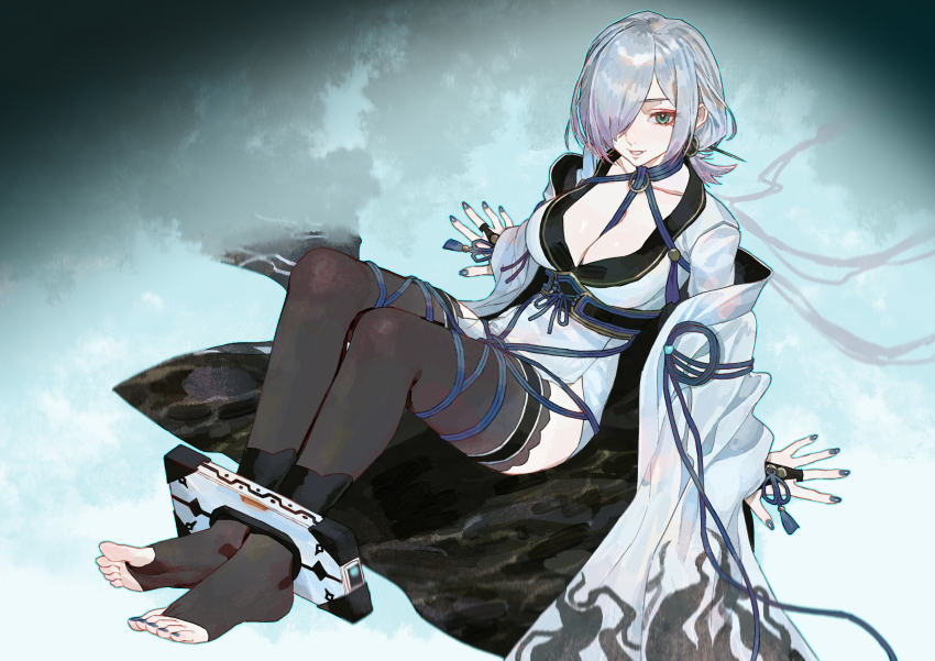 1girl, absurdres, barefoot, black_thighhighs, blue_nails, bound, breasts, cleavage