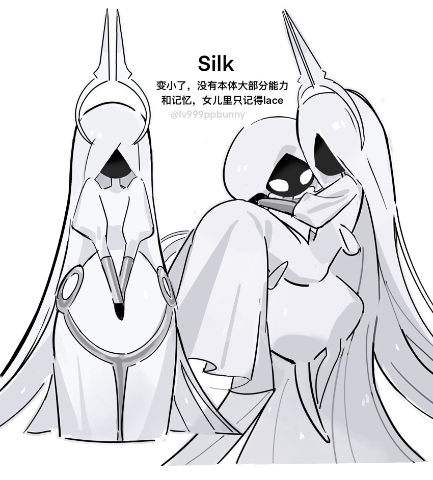 2girls, arthropod_girl, blank_eyes, bodysuit, carrying, carrying_person, chinese_commentary, chinese_text