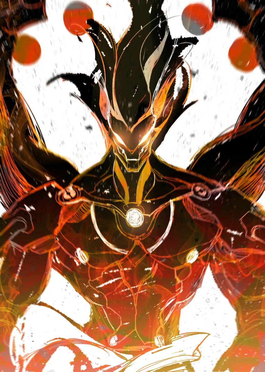 1boy, arms_up, artificial_eye, banyue_(zenless_zone_zero), clothed_robot, clothes_around_waist, debris, extra_arms, floating_ball, glowing, glowing_eyes, hashtag-only_commentary, highres, humanoid_robot, joints, like0629521, long_hair, male_focus, mechanical_arms, single_mechanical_eye, mechanical_hands, metal_skin, muscular, muscular_male, orb, robot, robot_boy, robot_joints, solo, upper_body, white_background, zenless_zone_zero