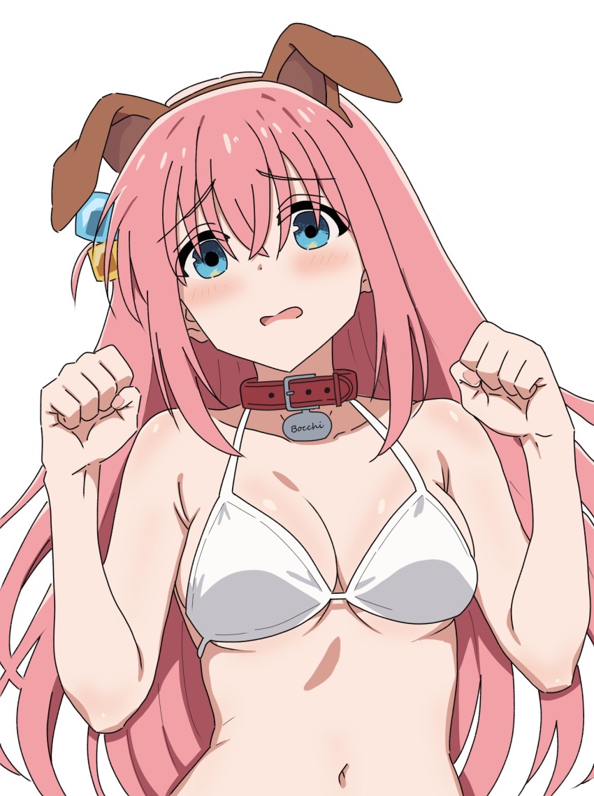 1girl, animal_collar, animal_ear_hairband, animal_ears, bikini, blush, bocchi_the_rock!, breasts, brown_hairband, character_name, choppy_bangs, clenched_hands, collar, commentary_request, crossed_bangs, cube_hair_ornament, dog_ear_hairband, dog_ears, embarrassed, fake_animal_ears, gotoh_hitori, hair_between_eyes, hair_ornament, hairband, hands_up, highres, large_breasts, long_bangs, long_hair, looking_at_viewer, navel, open_mouth, pink_hair, plusthousand0107, raised_inner_eyebrows, red_collar, simple_background, solo, stomach, straight_hair, string_bikini, swimsuit, upper_body, wavy_mouth, white_background, white_bikini