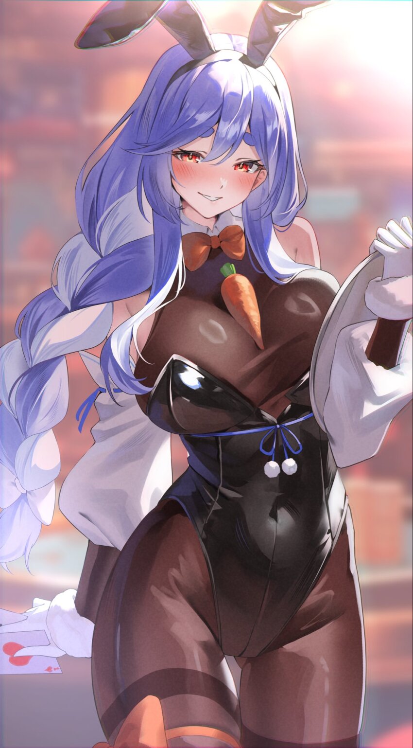 1girl, animal_ears, between_breasts, black_bodysuit, blue_hair, bodysuit, braid, braided_ponytail