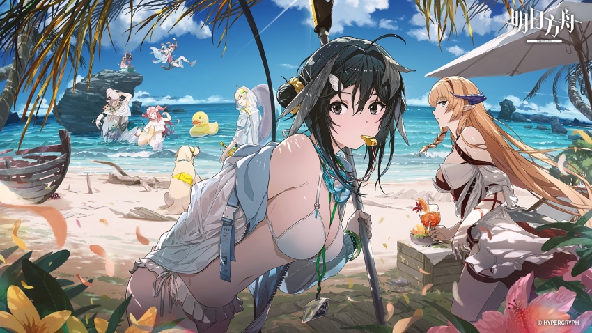 ahoge, animal_ears, arknights, bare_shoulders, beach, bikini, black_eyes, black_hair