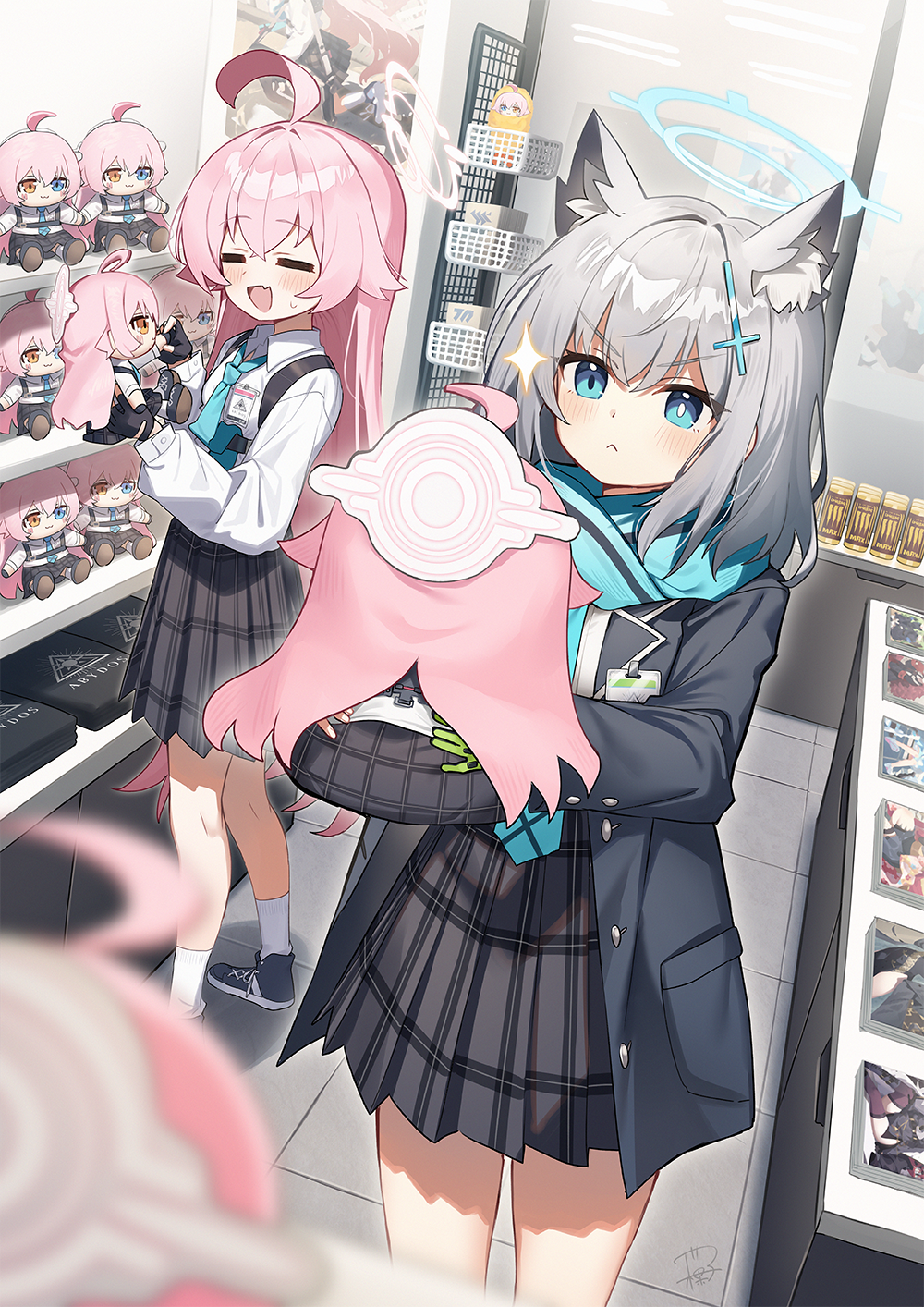 2girls, :<, =_=, abydos_high_school_logo, ahoge, animal_ear_fluff, animal_ears, black_gloves