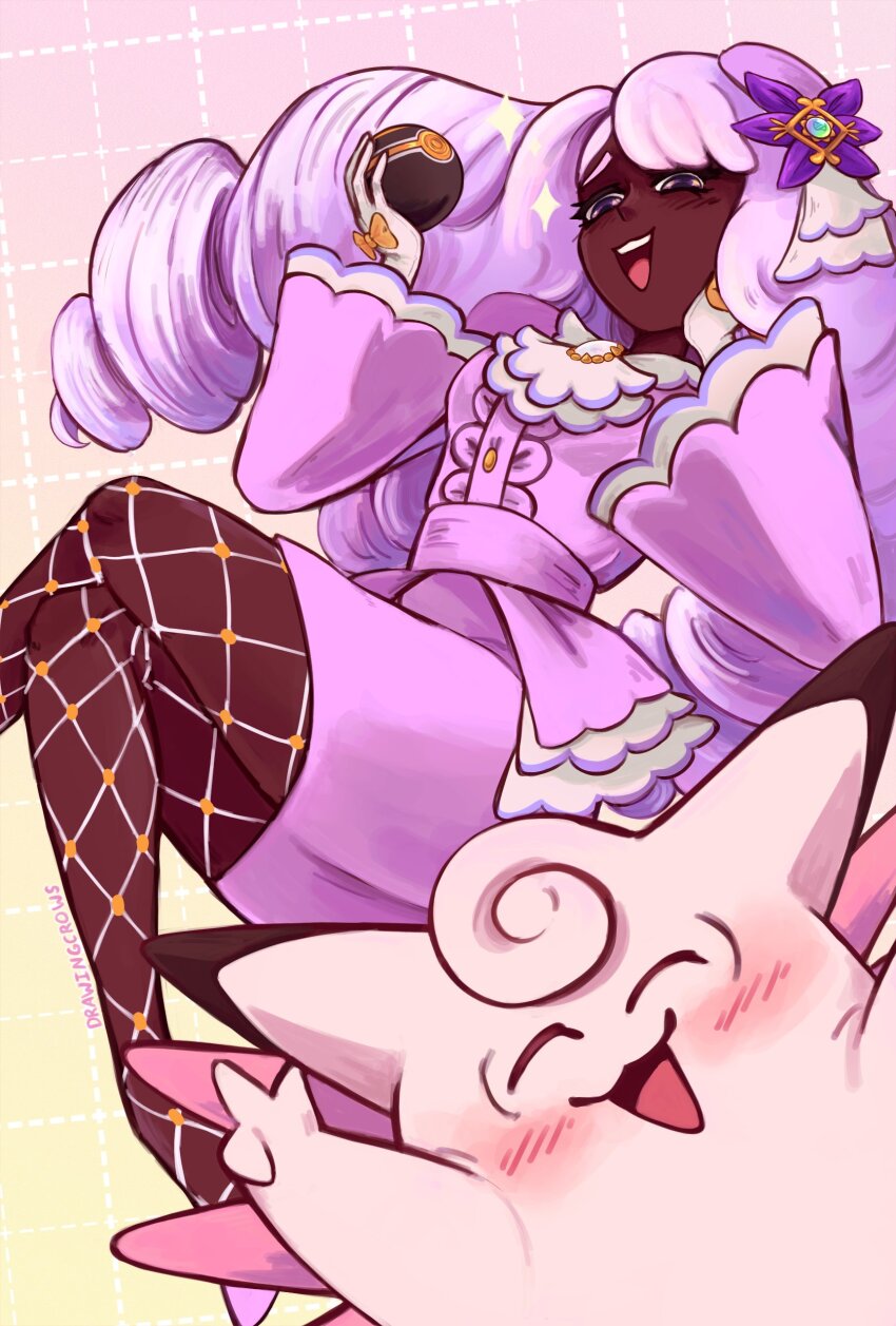 1girl, :3, ^_^, absurdres, ascot, blush, bow, brooch, center_frills, clefable, closed_eyes, crossed_legs, dark-skinned_female, dark_skin, drawingcrows, dress, fascinator, fishnet_pantyhose, fishnets, frilled_ascot, frilled_dress, frills, full_body, furrowed_brow, gem, gen_1_pokemon, glove_bow, gloves, hair_ornament, hand_on_own_cheek, hand_on_own_face, hands_up, high_heels, highres, holding, holding_poke_ball, jacinthe_(pokemon), jewelry, juliet_sleeves, long_hair, long_sleeves, looking_at_viewer, low_drills, luxury_ball, mega_stone, nintendo, open_mouth, pantyhose, pencil_dress, poke_ball, pokemon, pokemon_(creature), pokemon_legends:_z-a, puffy_sleeves, purple_eyes, purple_hair, purple_shoes, shoes, smile, solo, teeth, upper_teeth_only, v, very_dark_skin, white_gloves, yellow_bow