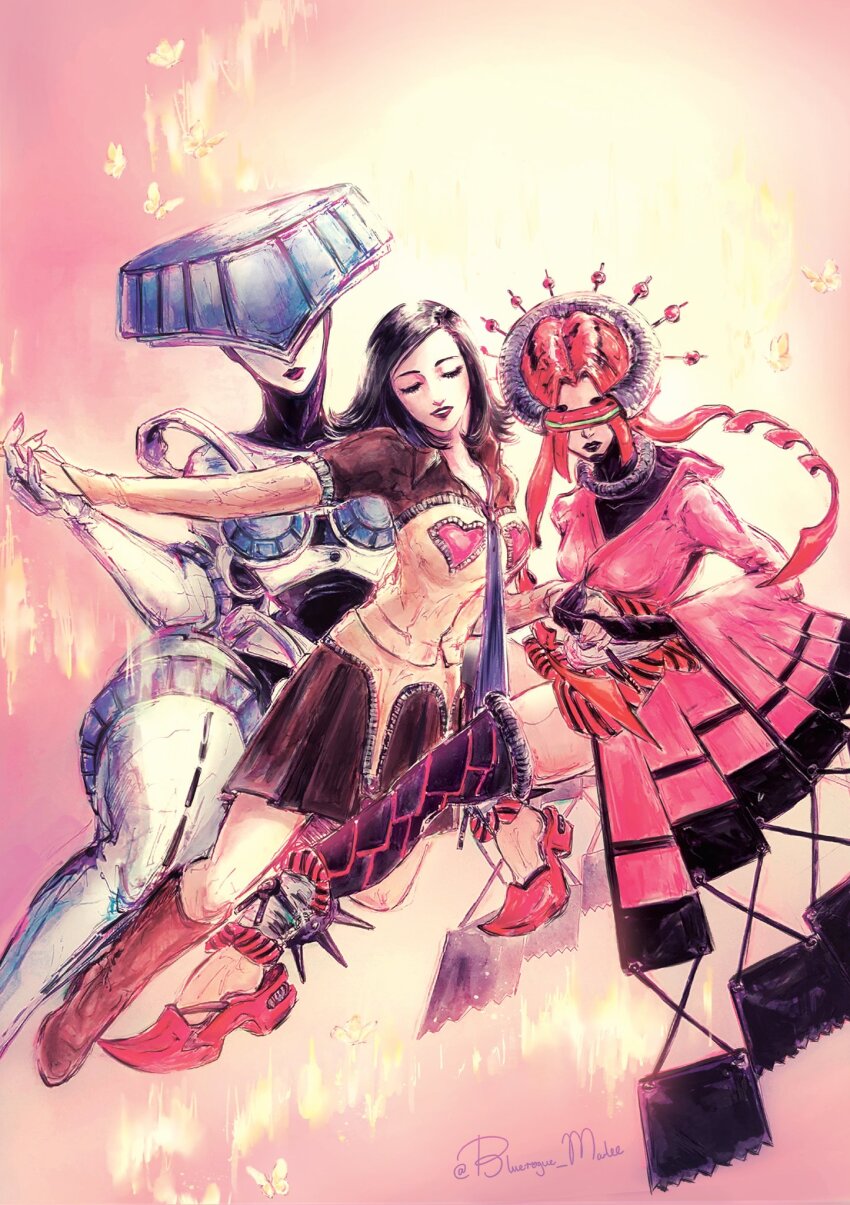 3girls, amano_maya, artemis_(persona_2), artist_name, black_hair, blue_necktie, blueroguemarl, bug