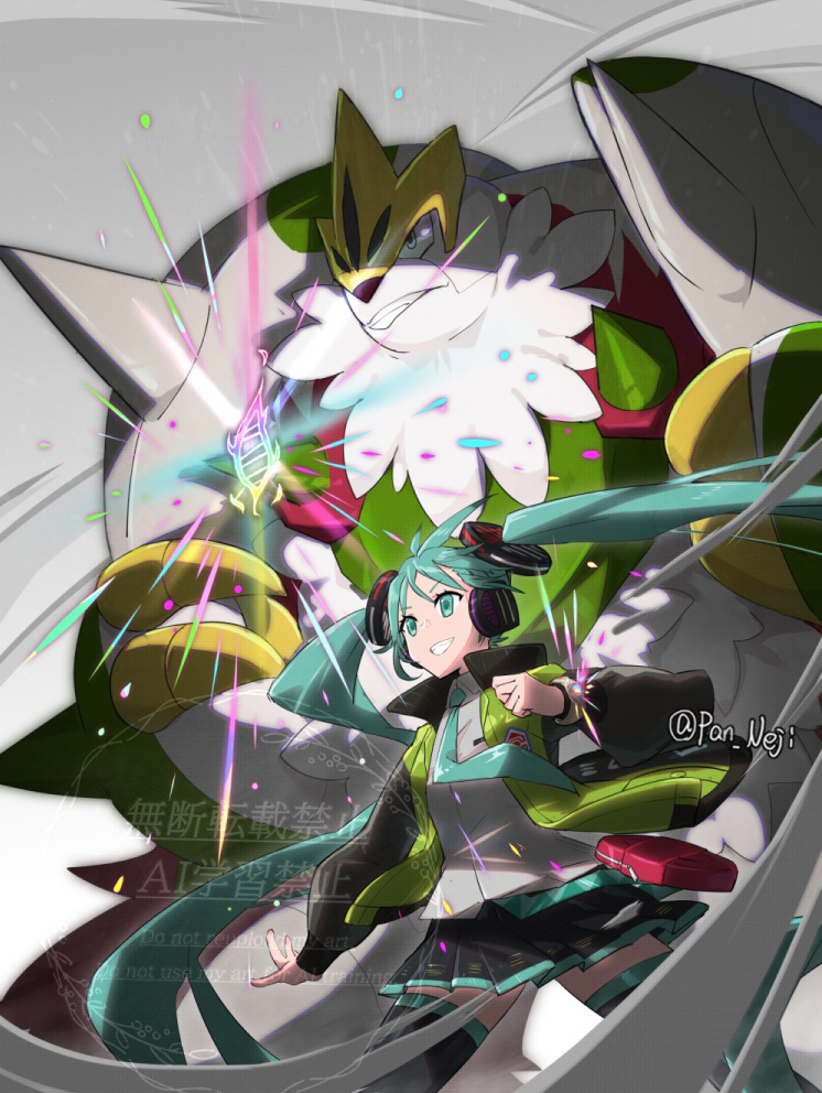 1girl, 1other, aqua_eyes, aqua_hair, aqua_necktie, aqua_skirt, black_jacket, chesnaught