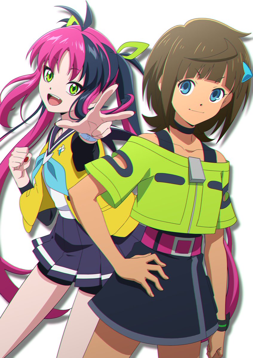 2girls, anime_coloring, antenna_hair, aqua_neckerchief, bangle, belt, black_choker, black_hair