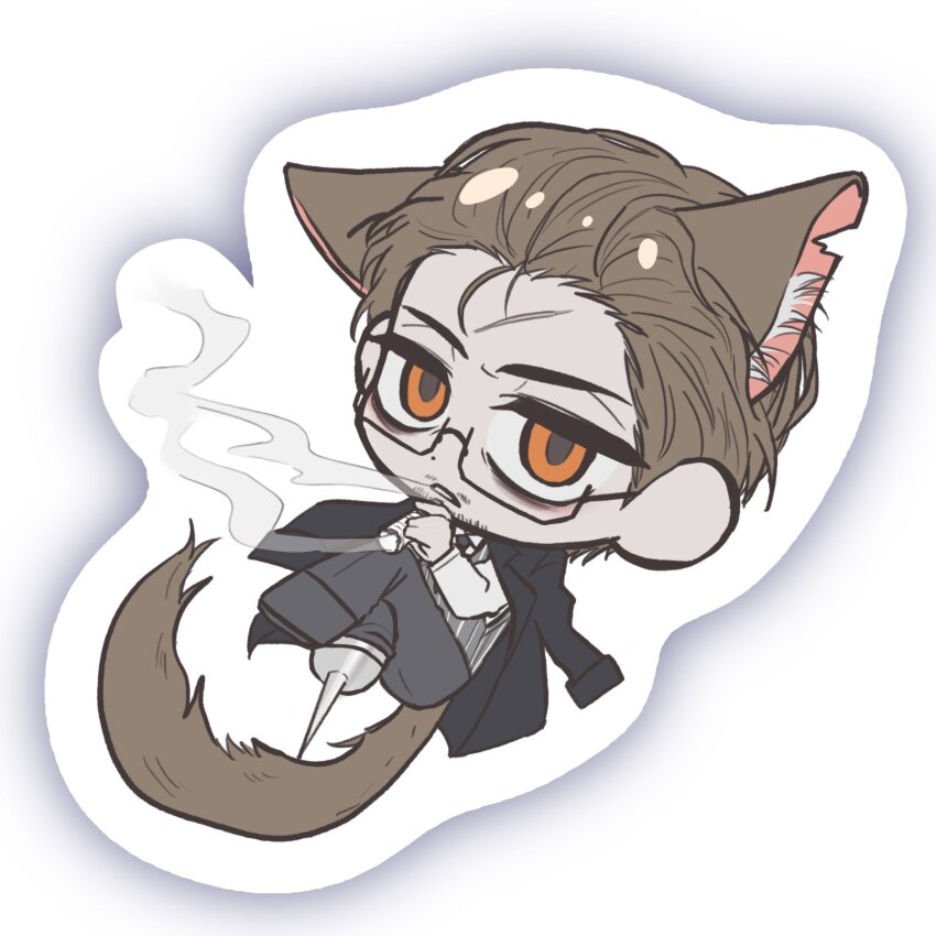 1boy, animal_ears, bags_under_eyes, beard_stubble, brown_hair, cat_ears, cat_tail, chibi, chibi_only, cigar, commentary_request, crossed_legs, curled_up, facial_hair, glasses, gojong0229, gregor_(project_moon), hair_slicked_back, highres, holding, holding_cigar, kemonomimi_mode, korean_commentary, limbus_company, looking_at_viewer, night_awls_(identity)_(project_moon), official_alternate_costume, orange_eyes, peg_leg, project_moon, smoke, smoke_trail, solo, stubble, tail