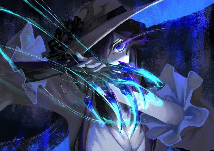 1girl, absurdres, angry, arms_up, black_hair, blue_background, blue_eyes, blue_fire, breasts, cleavage, cleavage_cutout, clothing_cutout, commentary_request, the_dahlia_(honkai:_star_rail), covering_own_eyes, demon_girl, demon_horns, dress, eye_trail, fake_claws, fire, frilled_sleeves, frills, glint, glowing, glowing_claws, grey_dress, grey_hat, hat, head_tilt, highres, honkai:_star_rail, honkai_(series), horns, huge_breasts, light_trail, long_sleeves, looking_at_viewer, mole, mole_under_eye, non_atman, shaded_face, solo, sun_hat, upper_body