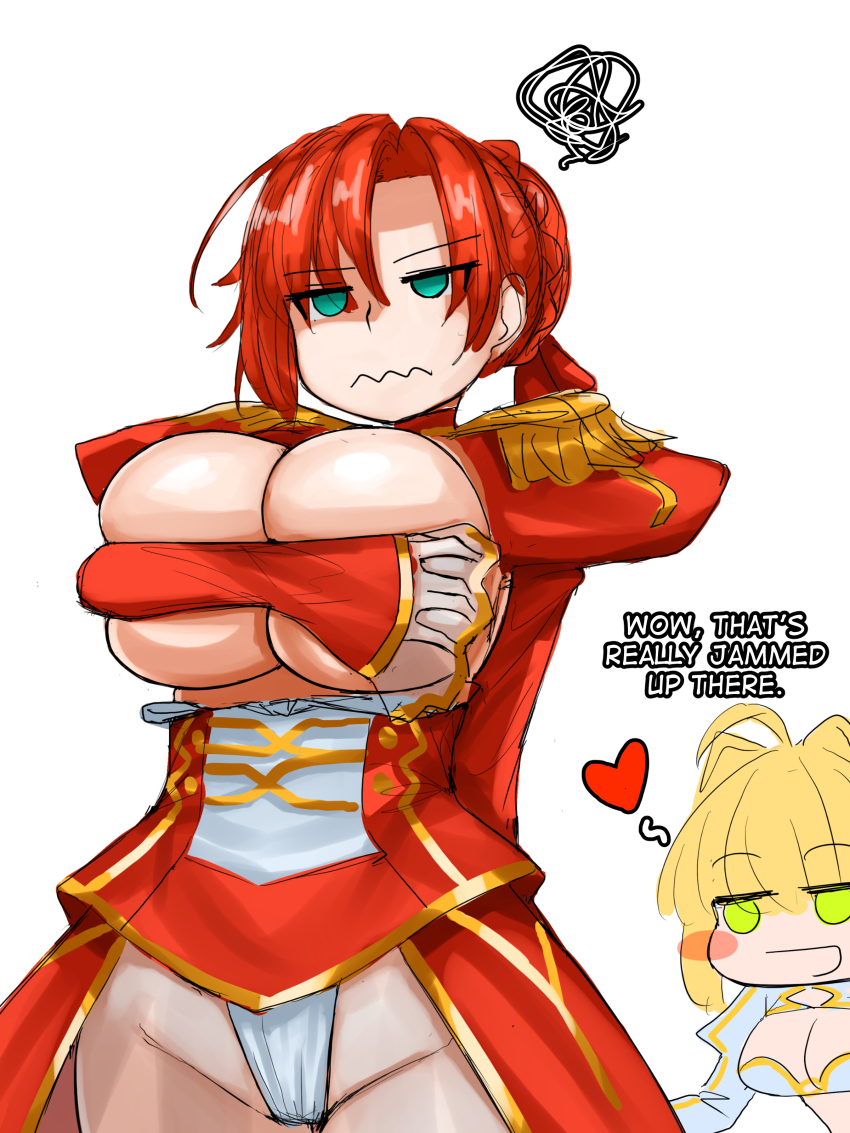 absurdres, annoyed, asymmetrical_bangs, bikini, blonde_hair, blush, boudica_(fate), boudica_(fate)_(cosplay)