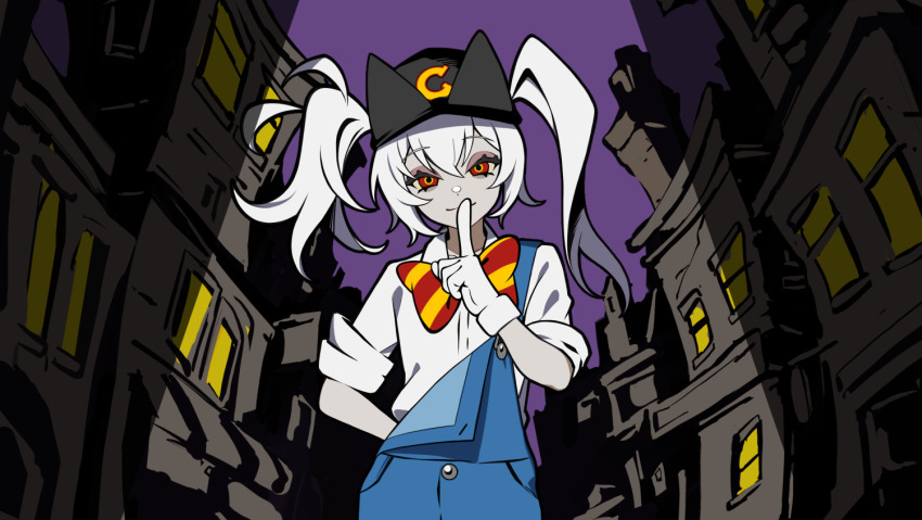 1girl, arm_behind_back, baseball_cap, black_hat, bow, building, closed_mouth, collared_shirt