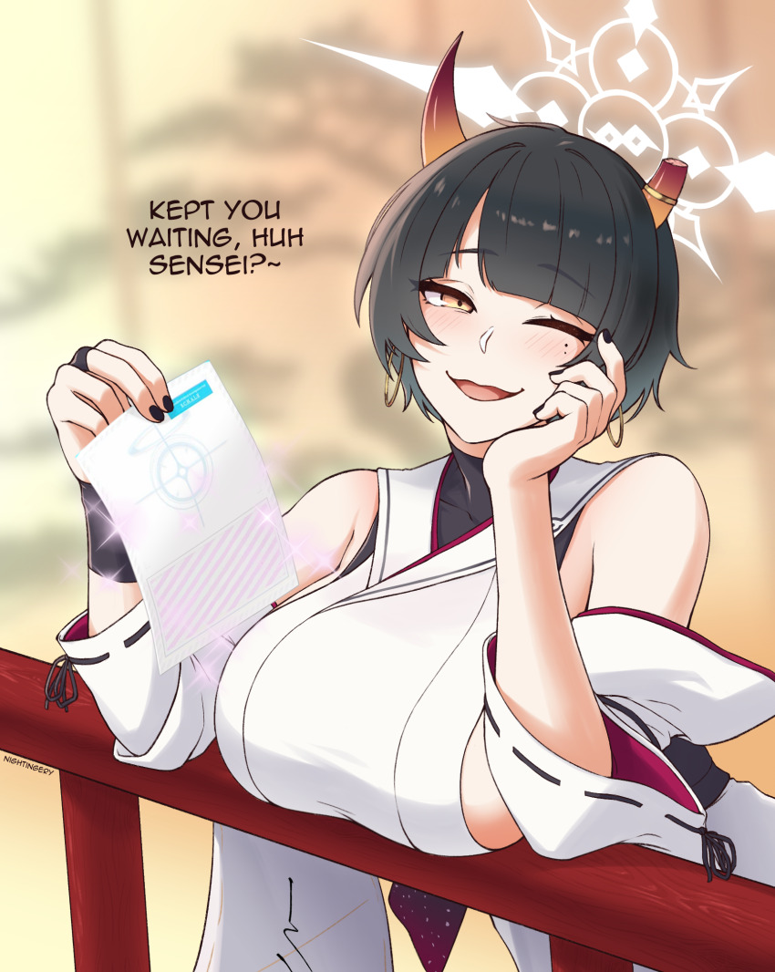 1girl, :d, black_bridal_gauntlets, black_hair, blue_archive, blurry, blurry_background, breasts