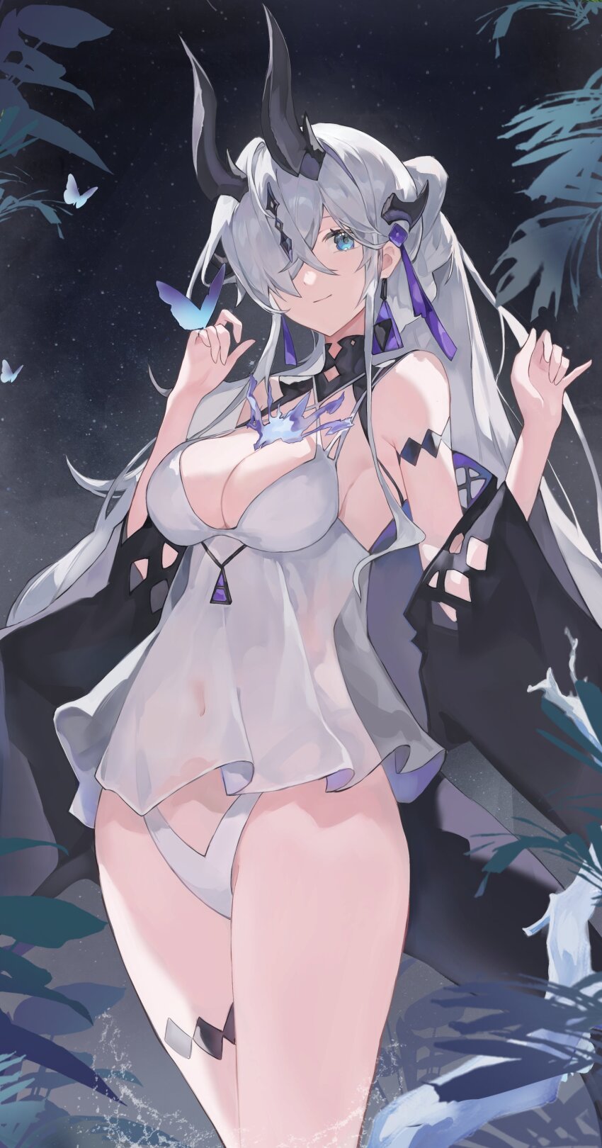 1girl, absurdres, arknights, bikini, breasts, cleavage, closed_mouth, cowboy_shot, dragon_girl, dragon_horns, dress_swimsuit, earrings, fire, hair_over_one_eye, hands_up, highres, horns, jewelry, large_breasts, light_smile, linkai, long_hair, looking_at_viewer, necrass_(arknights), necrass_(summer_flowers)_(arknights), official_alternate_costume, see-through_dress_swimsuit, solo, swimsuit, tail, white_bikini, white_hair