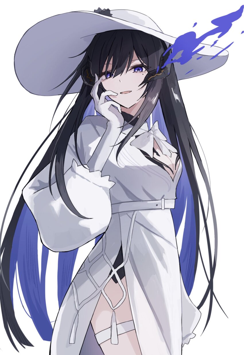 1girl, 961_kuru, blue_fire, blue_hair, bow, breasts, center_opening, cleavage