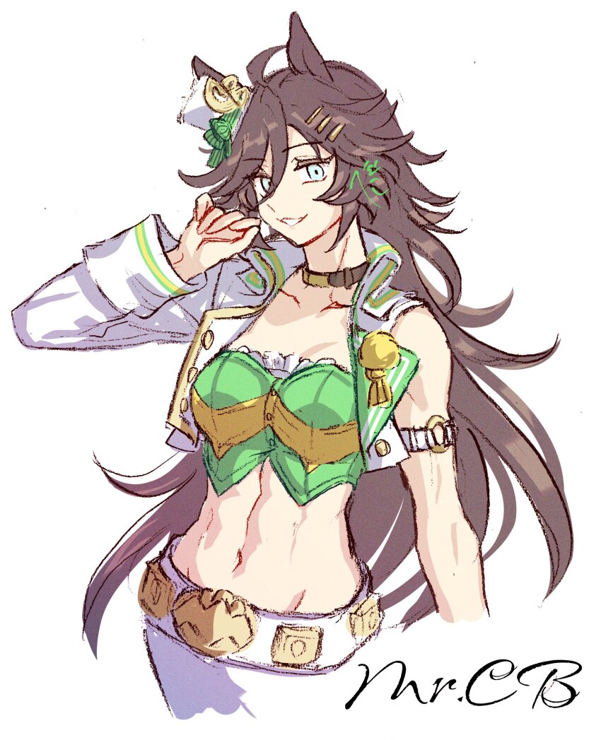 1girl, abs, absurdres, ahoge, animal_ears, asymmetrical_jacket, blue_eyes, breasts, brown_choker, brown_hair, choker, cropped_jacket, cropped_legs, green_shirt, hair_between_eyes, hair_ornament, hairclip, hat, highres, horse_ears, horse_girl, horse_tail, jacket, jagaimobeniko, long_hair, long_sleeves, looking_at_viewer, medium_breasts, midriff, mini_hat, mini_top_hat, mr._c.b._(clear_bliss)_(umamusume), mr._c.b._(umamusume), navel, open_mouth, pants, shirt, simple_background, single_sleeve, smile, solo, strapless, strapless_shirt, tail, top_hat, umamusume, white_background, white_jacket, white_pants, yellow_choker