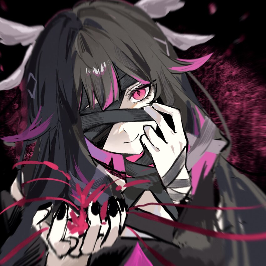 1girl, bandage_over_one_eye, bandaged_head, bandages, black_bandages, black_hair, black_nails, closed_mouth, columbina_(genshin_impact), commentary_request, cosplay, genshin_impact, head_wings, highres, long_hair, looking_at_viewer, multicolored_hair, one_eye_covered, pink_eyes, pink_hair, rerir_(genshin_impact), rerir_(genshin_impact)_(cosplay), smile, two-tone_hair, wings, yayu_yyo430