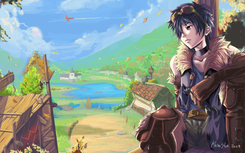 00s, 1boy, 2008, aircraft, airplane, bad_deviantart_id, bad_id, blue_hair, choker, day, elbow_gloves, game_arts, gloves, goggles, grandia, grandia_iii, hair_over_one_eye, highres, house, lake, male_focus, river, scenery, short_hair, signature, sitting, sky, sleeveless, solo, teddypocky, tree, village, yuki_(grandia), yuki_(grandia_iii)