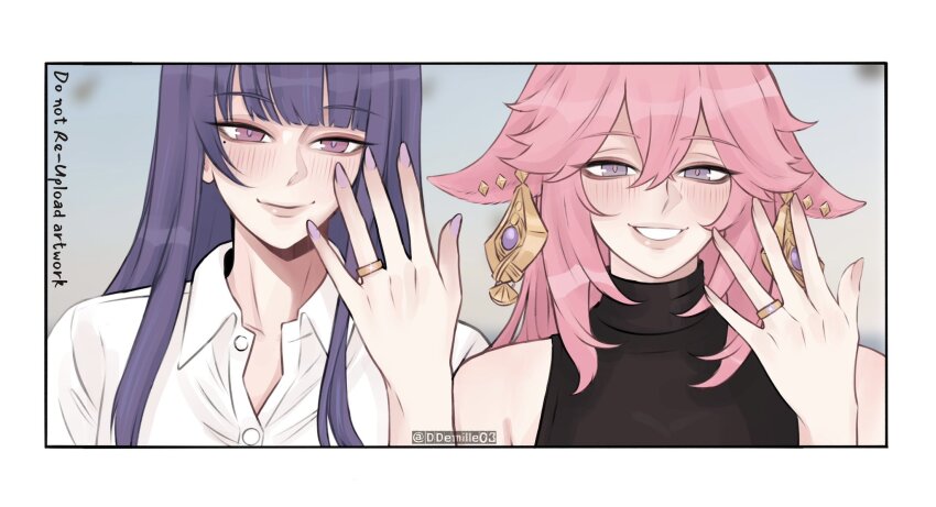 2girls, animal_ears, artist_name, black_shirt, blush, closed_mouth, collared_shirt, commentary