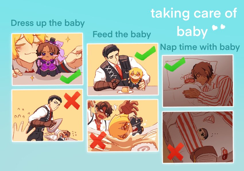 1girl, 2boys, arachnidlegs, black_hair, blonde_hair, brown_hair, character_doll, chibigurumi