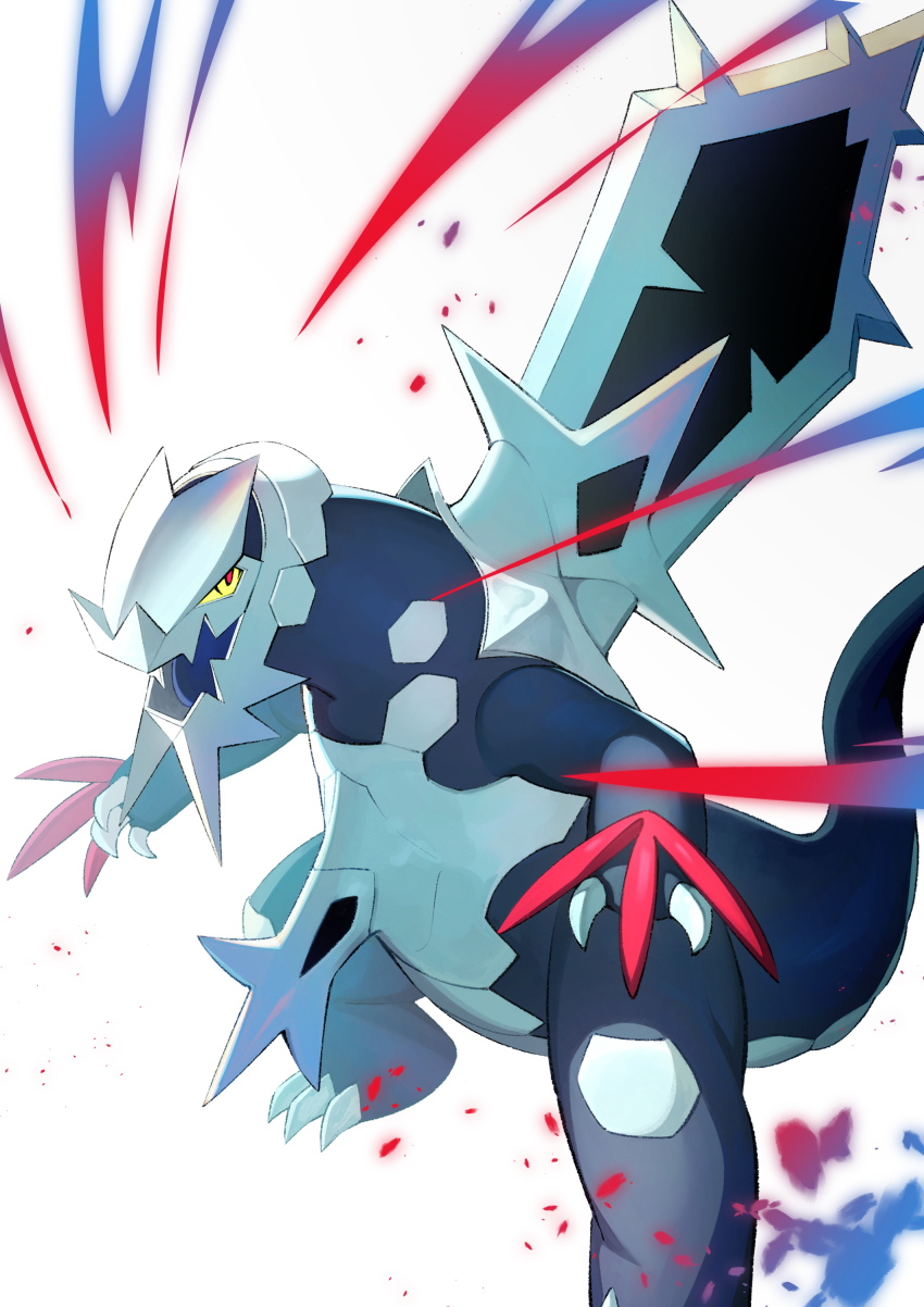 absurdres, baxcalibur, blue_claws, blue_skin, colored_sclera, colored_skin, dragon, fangs, highres, ice, mega_baxcalibur, mega_pokemon, nintendo, no_humans, pokemon, pokemon_(creature), pokemon_focus, red_eyes, scales, skin_fangs, spine, spinosaurus, tail, teo_(telo_ruka), v-shaped_eyes, yellow_sclera