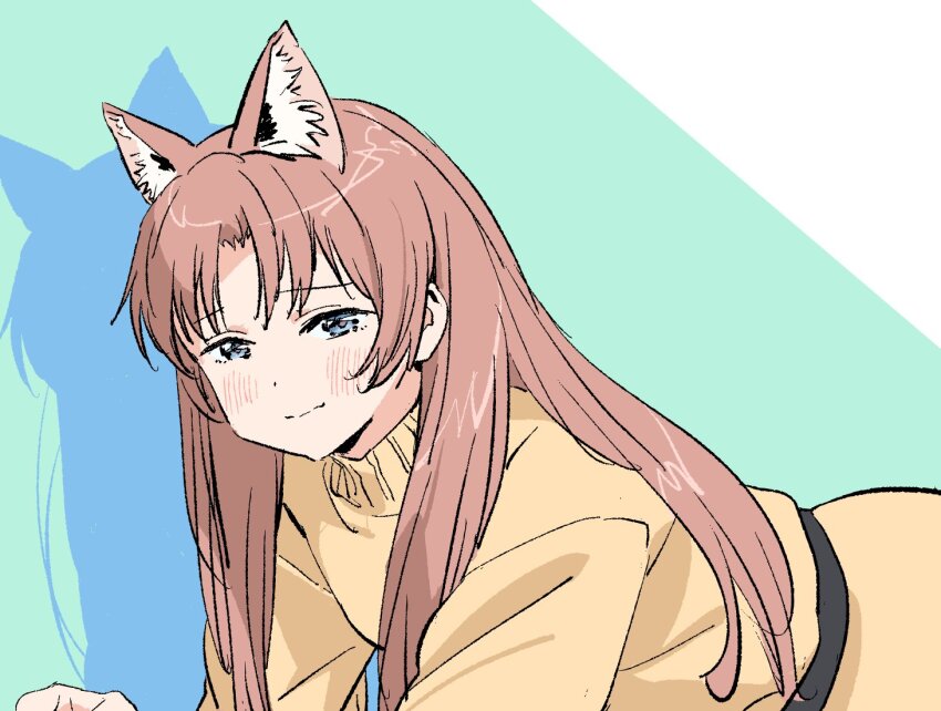 1girl, animal_ears, aqua_background, belt, blue_eyes, blush, brown_hair, cat_ears