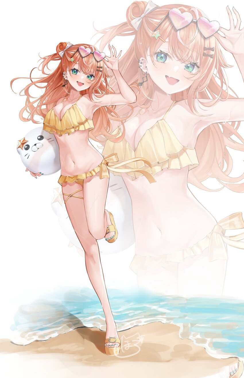 1girl, :d, absurdres, arm_up, ball, bare_shoulders, beach, beachball