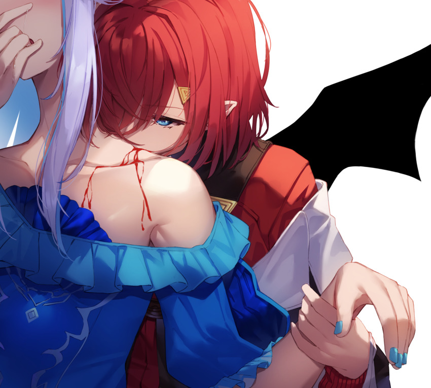 2girls, alternate_ears, ange_katrina, ange_katrina_(1st_costume), armpit_crease, bare_shoulders, bat_wings, biting