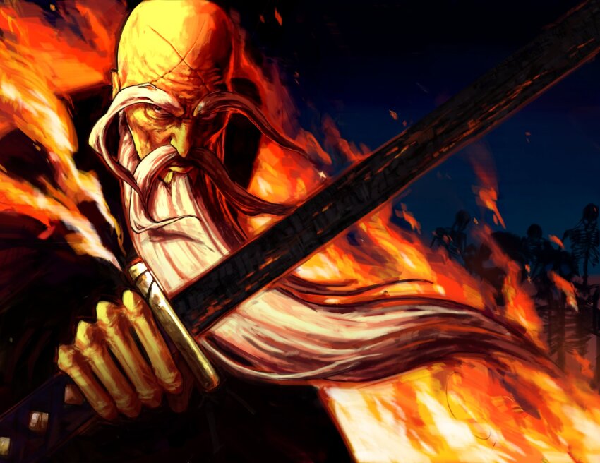 1boy, beard, bleach, cross_scar, facial_hair, fire, grey_facial_hair, highres, holding, holding_sword, holding_weapon, long_eyebrows, male_focus, mustache, old, old_man, scar, scar_on_face, scar_on_forehead, skeleton, sword, upper_body, weapon, xenonote, yamamoto-genryuusai_shigekuni, zanka_no_tachi_(bankai), zanpakutou
