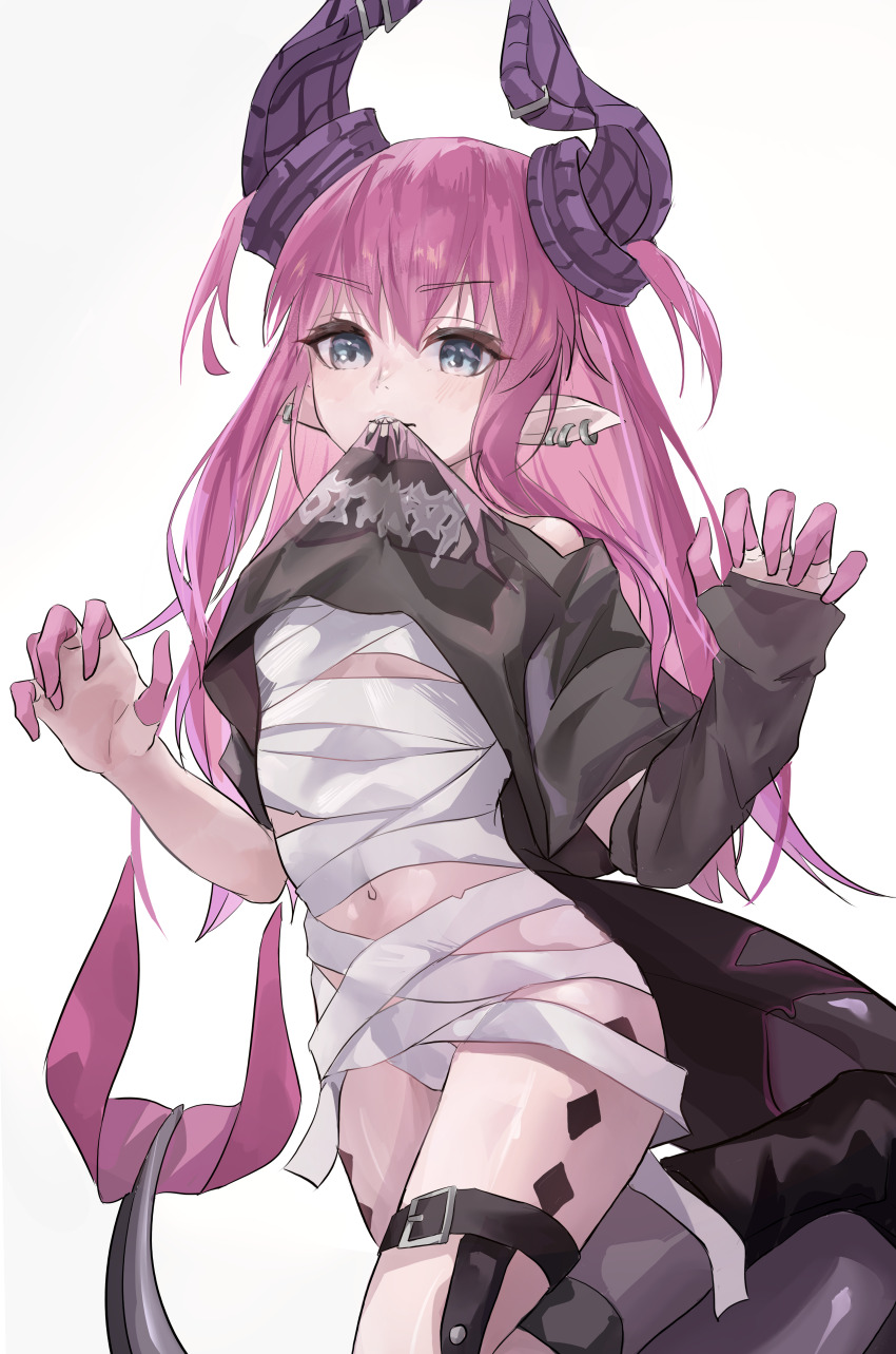 1girl, absurdres, bandaged_arm, bandages, black_shirt, blue_eyes, breasts, clothes_lift