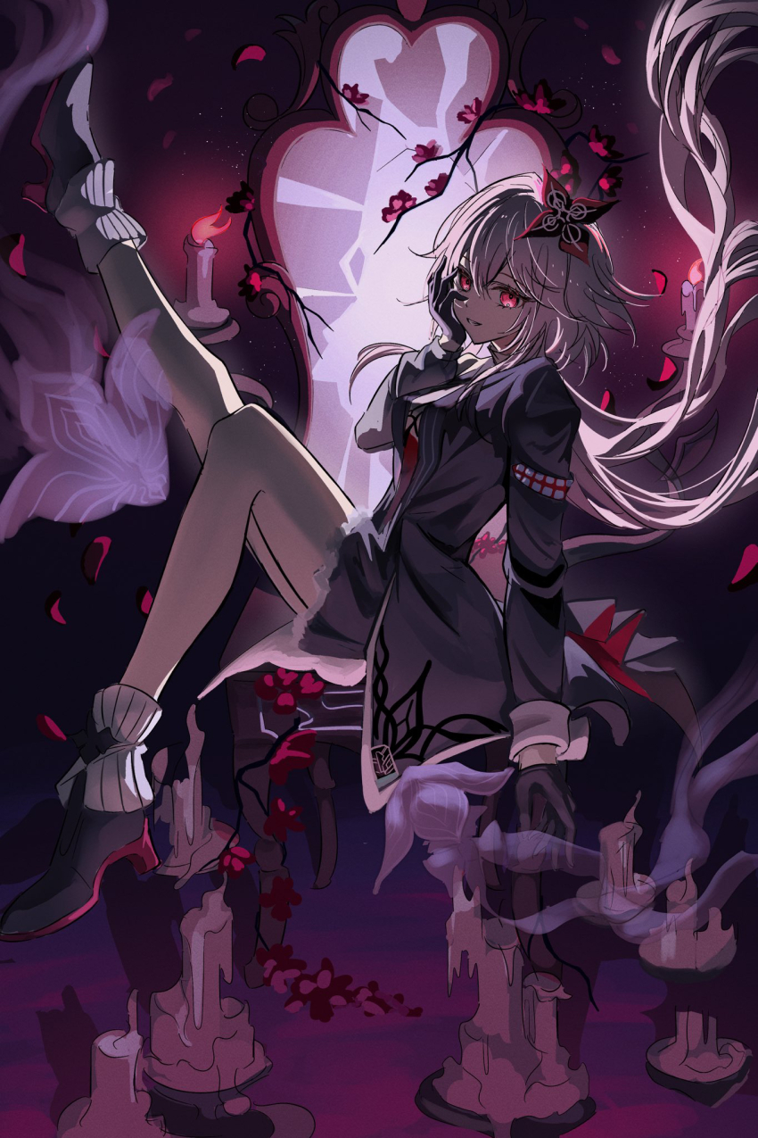 1girl, branch, candle, commentary, dress, evernight_(honkai:_star_rail), evey_(honkai:_star_rail), flower