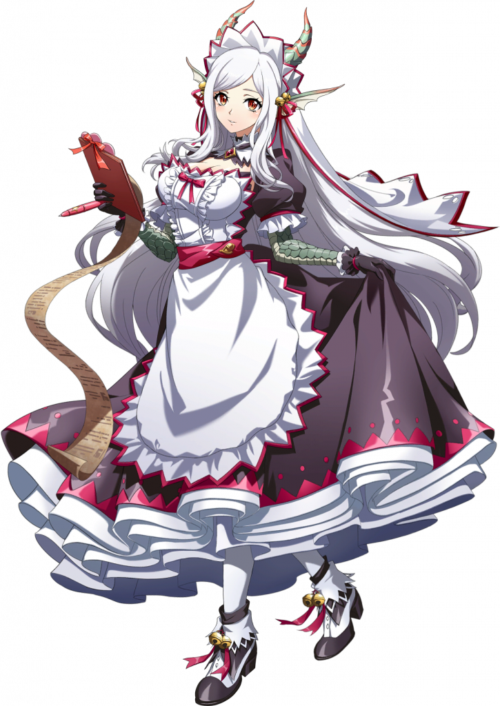 1girl, alternate_costume, animal_ears, apron, bell, black_dress, black_gloves, black_shoes, boots, breasts, cleavage, cleavage_cutout, clipboard, clothes_grab, clothing_cutout, dragon_ears, dragon_girl, dragon_horns, dress, enmaided, fins, floating_hair, footwear_bell, frilled_apron, frilled_sleeves, frills, full_body, game_cg, gloves, grabbing_another's_dress, hair_bell, hair_ornament, head_fins, high_heel_boots, high_heels, holding, holding_clipboard, holding_pen, horns, langrisser, langrisser_mobile, langrisser_re:incarnation, large_breasts, layered_dress, list, long_hair, long_sidelocks, looking_at_viewer, maid, maid_apron, maid_headdress, multicolored_shoes, official_alternate_costume, official_art, paper, parted_lips, pen, puffy_sleeves, red_eyes, red_ribbon, red_sash, red_trim, renata_(langrisser), ribbon, sash, scales, shoes, short_sleeves, sidelocks, simple_background, slit_pupils, smile, solo, standing, tachi-e, third-party_source, transparent_background, very_long_hair, waist_sash, white_apron, white_hair, white_shoes