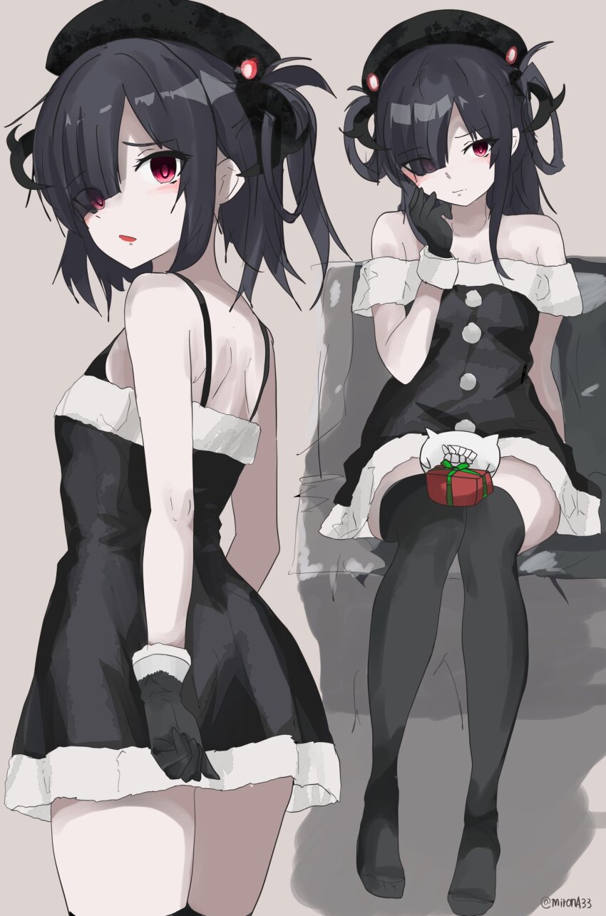 1girl, abyssal_ship, alternate_costume, bare_shoulders, black_dress, black_gloves, black_hair, black_thighhighs, blunt_sidelocks, blush, colored_skin, commentary_request, dress, fur-trimmed_dress, fur-trimmed_gloves, fur_trim, gift, gloves, hair_over_one_eye, hat, highres, horns, kantai_collection, looking_at_viewer, miron_(mirona33), open_mouth, pale_skin, ra-class_destroyer, ra-class_destroyer_alpha, red_eyes, santa_costume, santa_dress, sidelocks, thighhighs, twitter_username, white_skin