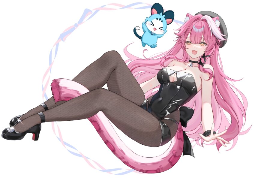 >_<, 1girl, :3, animal_ears, bare_shoulders, bell, beret, black_bow, black_choker, black_hat, black_leotard, black_pantyhose, black_ribbon, black_shoes, black_wrist_cuffs, blush, bow, breasts, chattino_(raora_panthera), cherriuna, choker, cleavage, collarbone, commentary, covered_navel, fang, fingernails, footwear_bell, glint, hair_intakes, hair_ribbon, hat, high_heels, highres, hololive, hololive_english, jingle_bell, large_breasts, leotard, long_hair, multicolored_hair, nail_polish, neck_bell, open_mouth, panther_ears, panther_girl, panther_tail, pantyhose, pink_hair, pink_lips, pink_nails, pink_tail, raora_panthera, ribbon, shoes, simple_background, skin_fang, smile, strapless, strapless_leotard, streaked_hair, tail, thighs, two-tone_hair, virtual_youtuber, white_background, wrist_cuffs, yellow_eyes