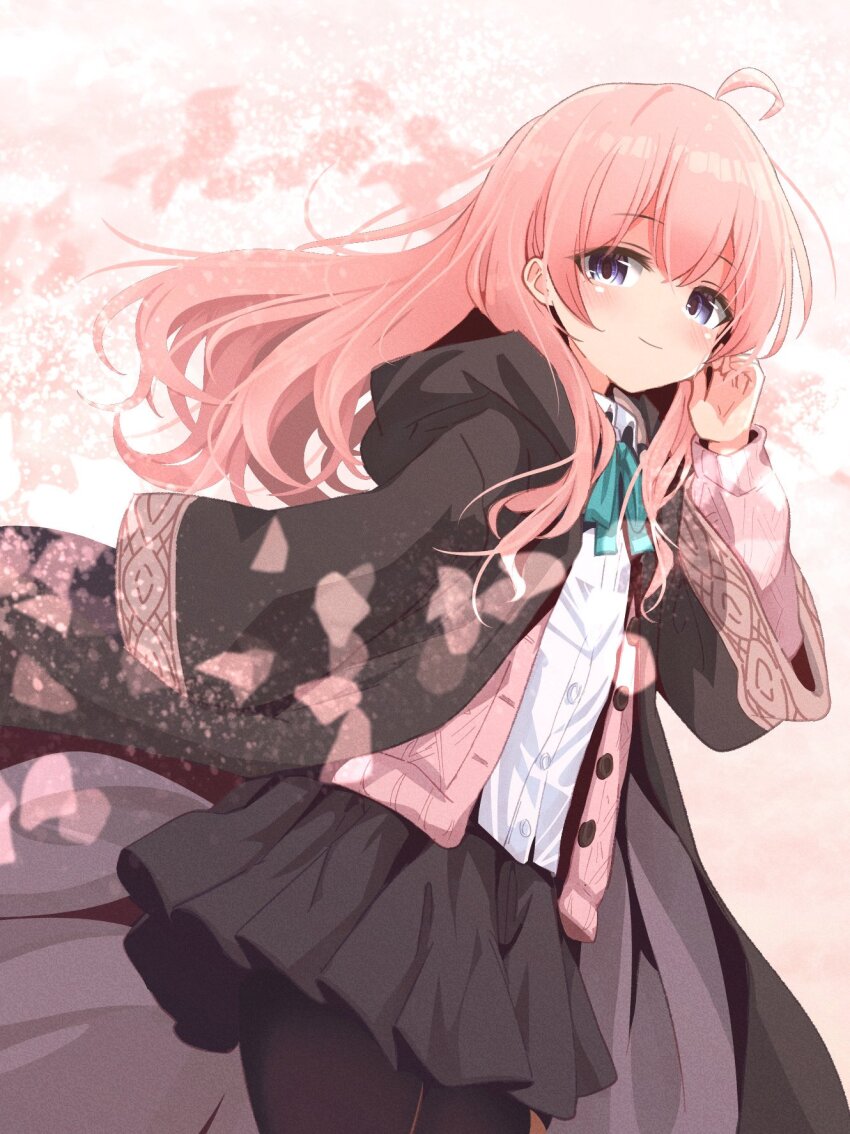 1girl, adjusting_hair, ahoge, black_pantyhose, black_robe, black_shirt, blush, cardigan