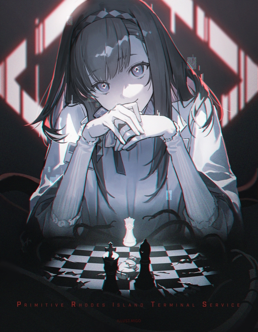 1girl, arknights, black_hair, black_hairband, blunt_bangs, chess_piece, chessboard, closed_mouth
