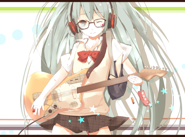1girl, bag, bespectacled, black_skirt, bow, bowtie, electric_guitar, female_focus, fender_jaguar, glasses, guitar, hatsune_miku, headphones, instrument, long_hair, miniskirt, naniiro, one_eye_closed, pleated_skirt, plectrum, skirt, solo, sweater_vest, twintails, very_long_hair, vocaloid, white_background, wink