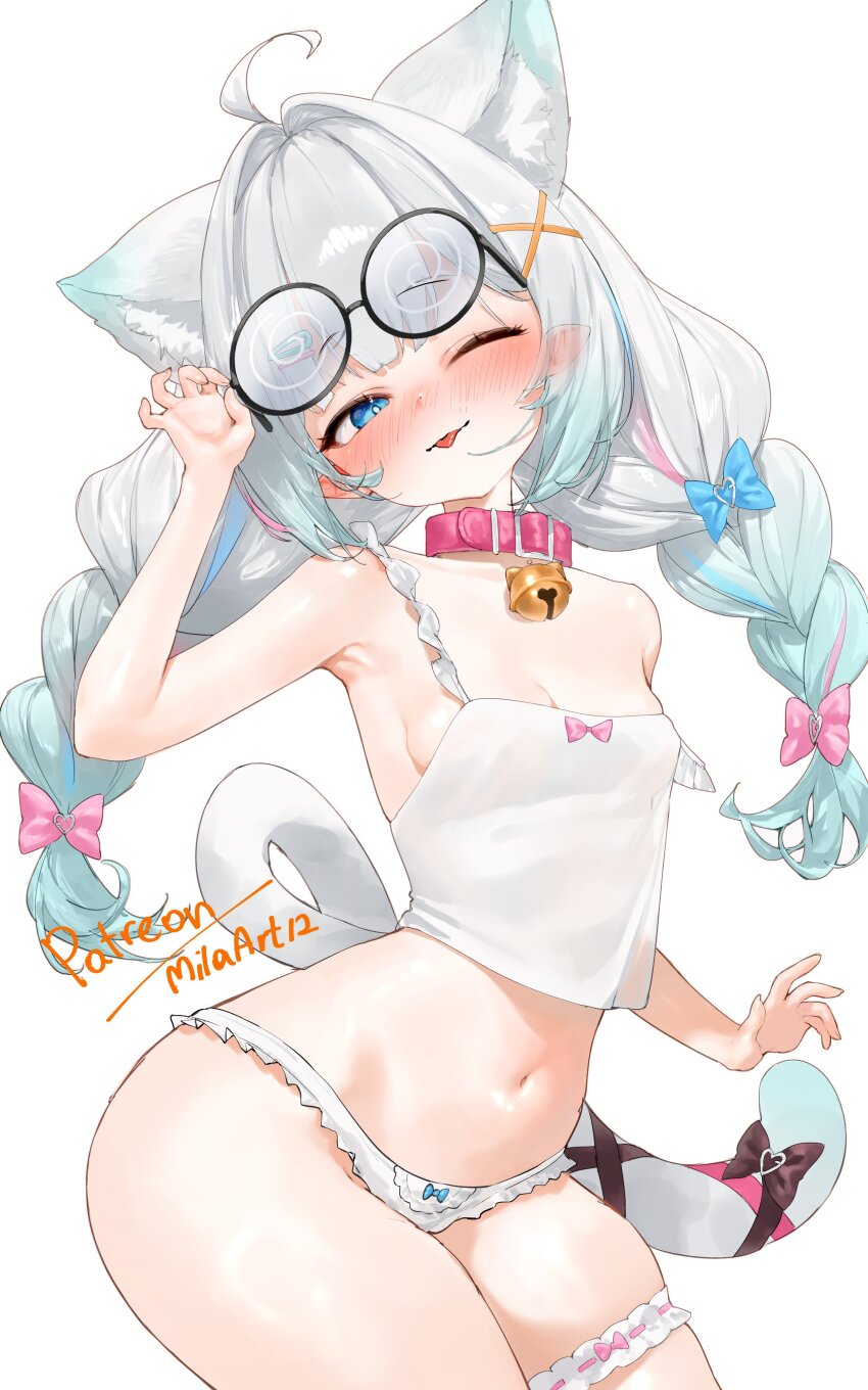 1girl, ;p, absurdres, adjusting_eyewear, ahoge, animal_ears, armpits, artist_name, bell, black-framed_eyewear, blue_eyes, blush, braid, breasts, camisole, cat_ears, cat_girl, cat_tail, collar, commentary, crop_top, frilled_camisole, frilled_panties, frills, green_hair, grey_hair, hair_intakes, hair_ornament, highres, indie_virtual_youtuber, jingle_bell, long_hair, looking_at_viewer, mila_(milaart12), mint_fantome, mint_fantome_(otaku), multicolored_hair, neck_bell, no_pants, one_eye_closed, panties, pink_collar, pink_hair, pointy_ears, round_eyewear, simple_background, small_breasts, solo, strap_slip, streaked_hair, tail, tongue, tongue_out, twin_braids, underwear, virtual_youtuber, white_background, white_camisole, white_panties, x_hair_ornament