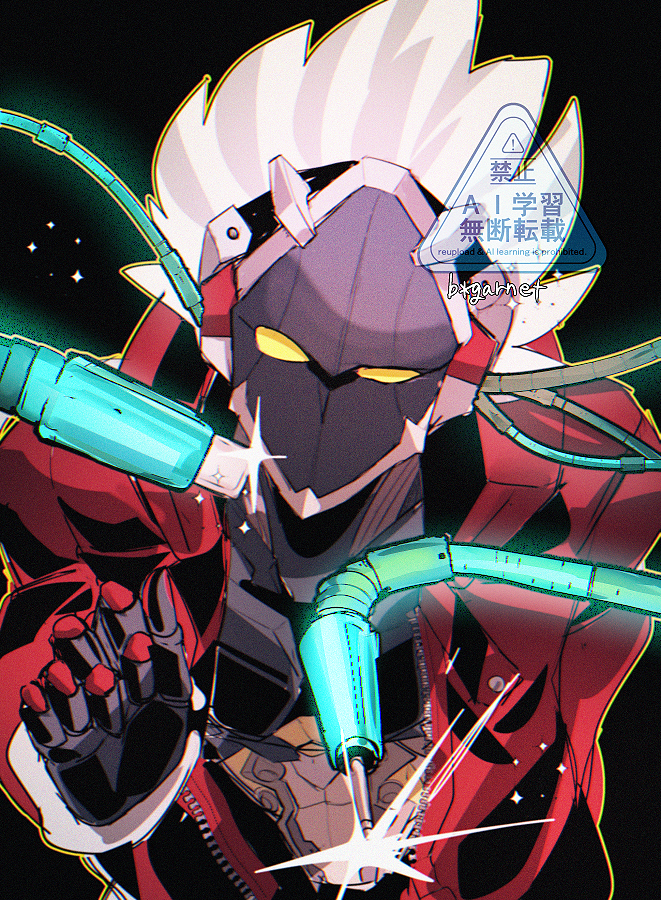 1boy, artificial_eye, billy_kid, black_background, cable, clothed_robot, commentary_request, half-closed_eye