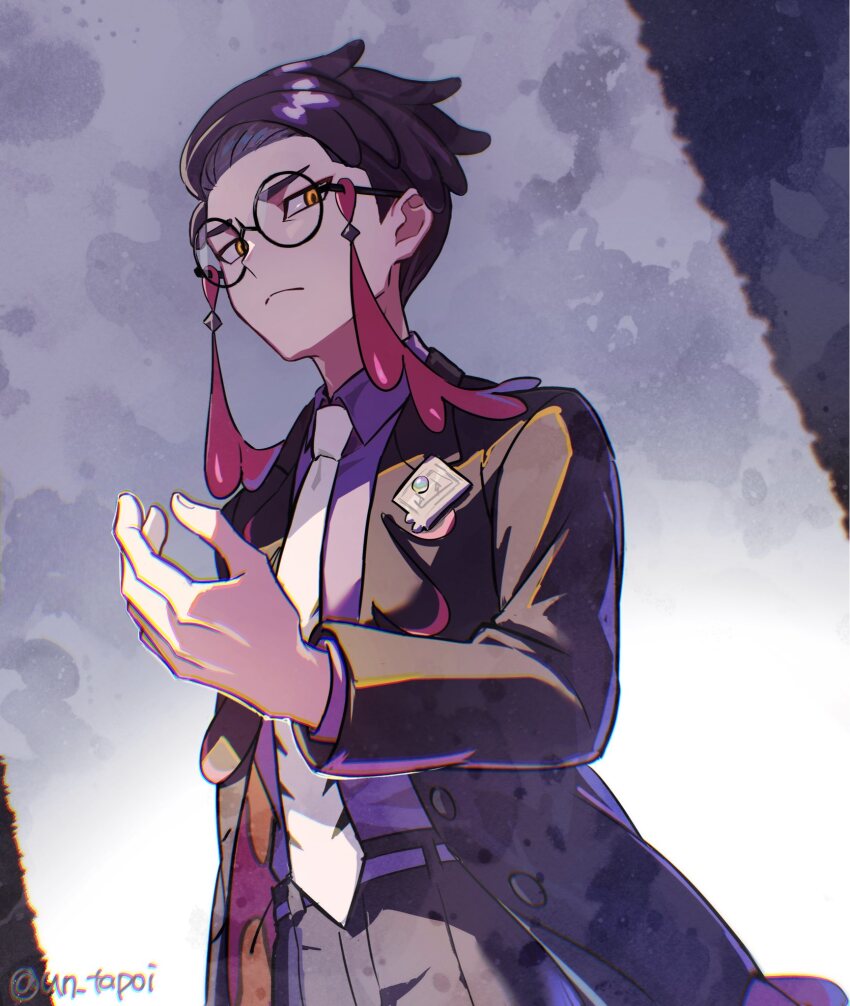 1boy, black-framed_eyewear, black_hair, black_jacket, black_pants, closed_mouth, collared_shirt, corbeau_(pokemon)