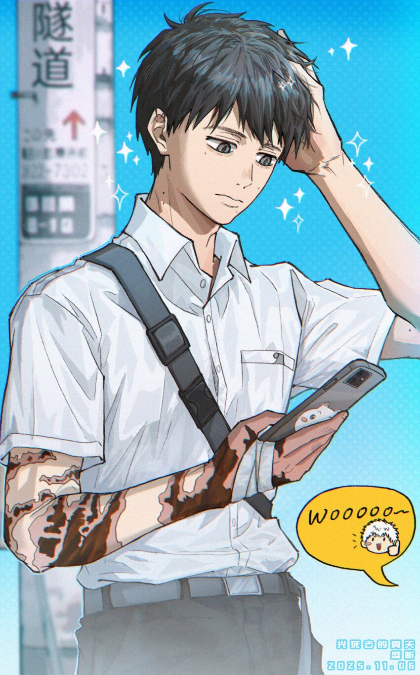 2boys, ashengxin, bandaged_hand, bandages, belt, black_hair, black_pants, buttons