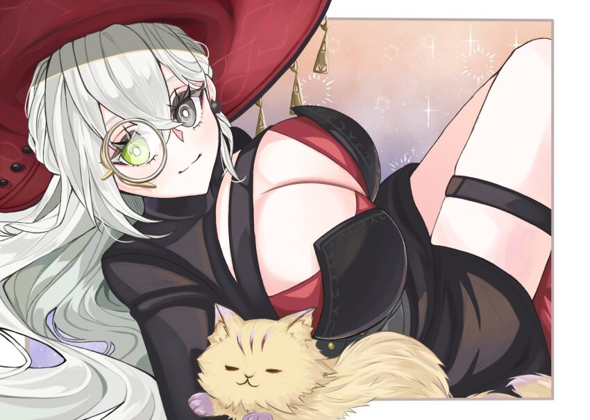 1girl, breasts, cat, cleavage, commentary_request, diabellstar_the_black_witch, diabellstar_the_black_witch_(alternate_art), dress